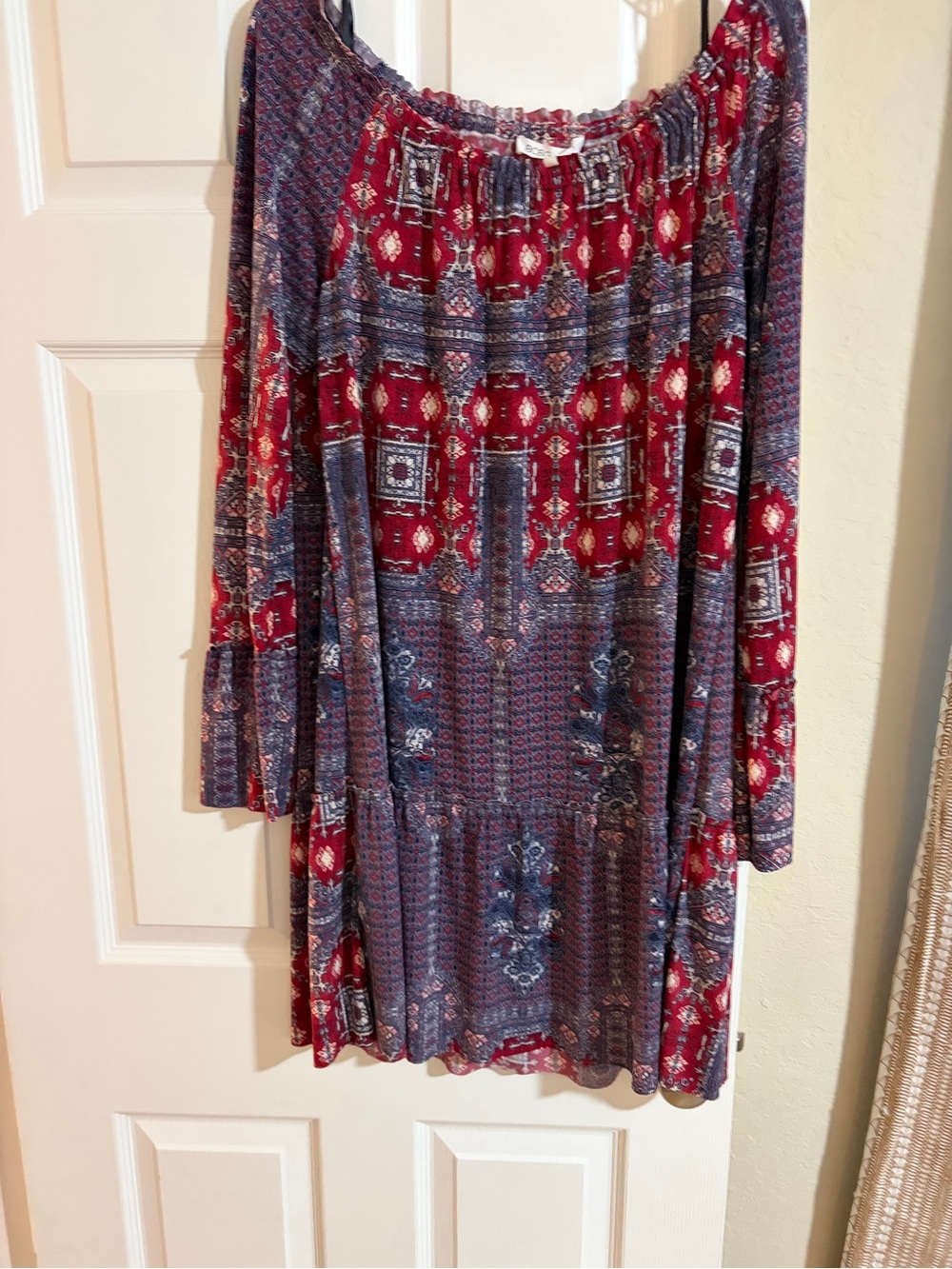 BCBG Burgundy and Navy Printed Off-Shoulder Long Sleeve Dress